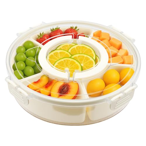 Snackschale Snackbox Snackteller mit 6 Fächern Transparentem Deckel Griff Vorratsdose Aufbewahrungsbox für Snacks, Nüsse, Süßigkeiten Gewürz Obst für Party Picknick (Transparent Runde) von Generisch