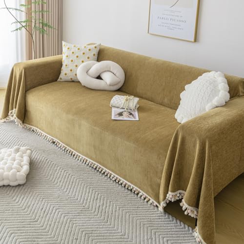 Sofabezug, Chenille, Ecksofa, Schonbezug für 1-, 2-, 3-, 4-Sitzer, waschbar, L-Form, Sofabezüge, Sektional-Couchbezug mit Quaste, Möbelschutz für Haustier-Zweisitzer, Grün, 180 x 260 cm von Generisch