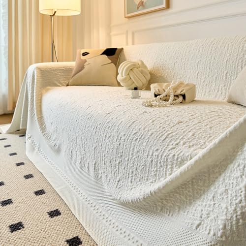 Sofabezug Antirutsch & staubdicht, weicher atmungsaktiver Stoff, universeller Möbelschutz, waschbarer Couchüberwurf mit Quasten, 180 x 260 cm, Weiß von Generisch