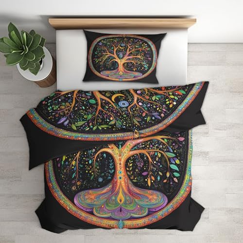 Sommer Bettwäsche 135x200 Baum des Lebens, Boho Schwarz Bettbezug 135 x 200 2er Set, Wendebettwäsche mit Kissenbezug 80x80 cm, Mikrofaser Bettwäsche-Sets mit Reißverschluss LSZFQ1607 von Generisch