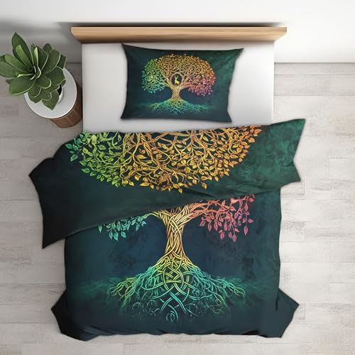 Sommer Bettwäsche 135x200 Baum des Lebens, Wikinger Bettbezug 135 x 200 2er Set, Wendebettwäsche mit Kissenbezug 80x80 cm, Mikrofaser Bettwäsche-Sets mit Reißverschluss LSZFQ1609 von Generisch