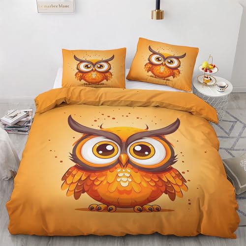 Sommer Bettwäsche 135x200 Eule Kinder - Orange Eulenmotiv Bettbezug 135 x 200 2er Set mit Kissenbezug 80x80, Weiche Mikrofaser Sommerbettwäsche mit Reißverschluss für Schlafzimmer Deko U-&8 von Generisch