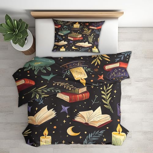 Sommer Bettwäsche 135x200 Hexe - Magische Bücher Kerzen Bettbezug 2er Set mit 1 Kopfkissenbezug 80x80 cm, Weiche Kuschelige Mikrofaser Wendebettwäsche mit Reißverschluss ZHW1633 von Generisch