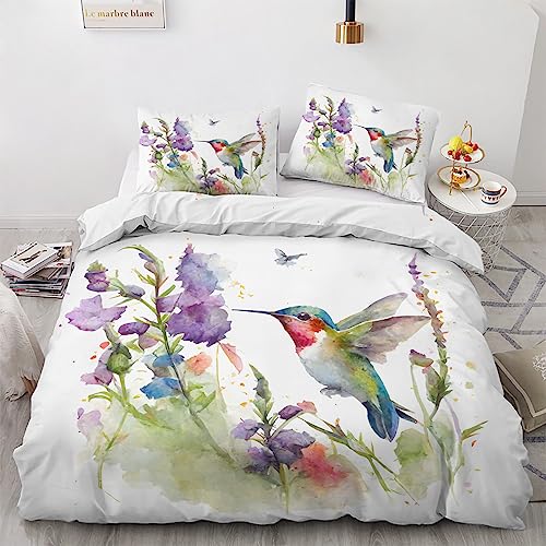 Sommer Bettwäsche 135x200 Kolibri - Blumen Pflanzen Bettbezug, Bettwäsche-Sets 2 teilig, Weich & Bügelfrei Mikrofaser Wendebettwäsche und 1 Kissenbezug 80x80 mit Reißverschlus L2-&-137 von Generisch