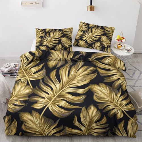 Sommer Bettwäsche 135x200 Tropische Monstera - Schwarz Gold Bettbezug 135 x 200 2er Set mit Kissenbezug 80x80, Weiche Mikrofaser Sommerbettwäsche mit Reißverschluss für Schlafzimmer Deko U-&176 von Generisch