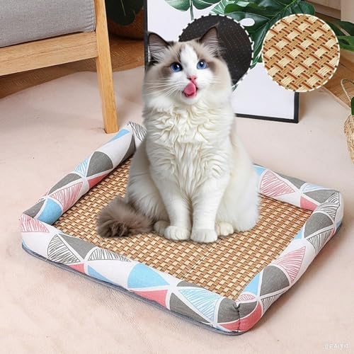 Sommer Haustier Kühlmatte Natürliche Rattan Haustier Bett Matte Haustier Kühler Sommer Leinen Rattan Matte Nest Gewebt Atmungsaktiv Quadratisch Waschbar Bett mit Rand für Hunde Katzen (Rot, XL) von Generisch