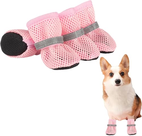 Sommer Mesh Hunde Schuhe, Atmungsaktive Netzschuhe für Hunde, Verstellbarem Hundestiefel fürkleine Outdoor-Schutz, Anti-Schmutz, Verbrühungsschutz, Wanderschuhe, 4 Stück (Rosa, S) von Generisch