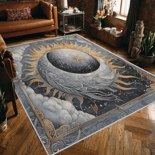 Sonne Abstrakt Teppich Wohnzimmer 120x170 Waschbar, Bettvorleger Vintage Mid-Century Silber Teppiche Gegend Schlafzimmer Deko & Wohnaccessoires, Kurzflor Teppich Weich rutschfest, FD1831 von Generisch