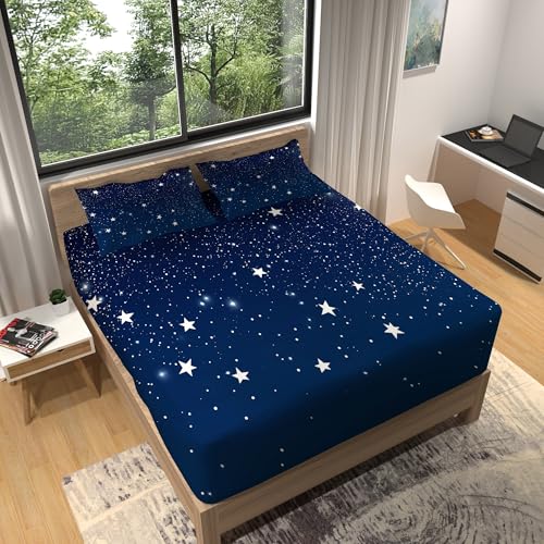 Spannbettlaken 140 x 200 cm, Sterne Am Nachthimmel Mikrofaser Bettwäsche Blau Weiss Bettlaken 30cm Extra Tiefe Taschenlaken Spannbetttuch Weich und atmungsaktiv Maschinenwaschbar von Generisch
