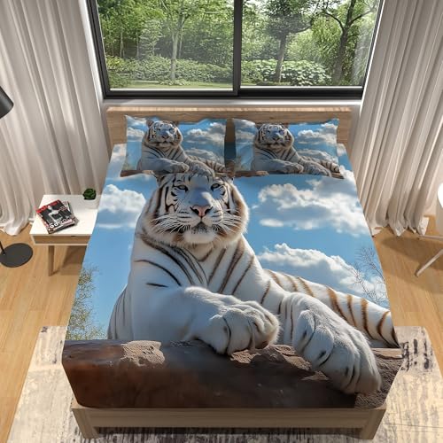 Spannbettlaken 140 x 200 cm, Tier Tiger Spannbettlaken Bedruckt Mikrofaser-Spannbettlaken für Matratze bis 30 cm Hohe Blau Weiß Weich pflegeleicht Bettwäsche Spannbettlaken 140 x 200 cm, Tier Tiger Spannbettlaken Bedruckt Mikrofaser-Spannbettlaken für Matratze bis 30 cm Hohe Blau Weiß Weich pflegeleicht Bettwäsche von Generisch