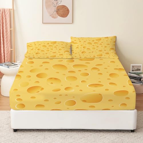 Spannbetttuch-Set Einfacher Käse Bedrucktes, 140 x 200 cm Weiches Microfaser Spannbettlaken Für Kinder Teenager, Gelb Tiefe Tasche Spannbetttucher Mit 2 Kissenbezügen von Generisch