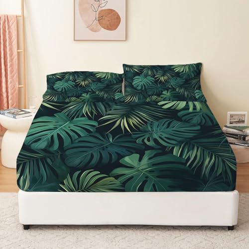 Spannbettlaken 140 x 200 cm Tropische Blätter Pflanzen Muster Spannbetttuch Bis 30 cm Matratzenhöhe Boxspringbett Bettlaken Weiche Polyester Weiche Mikrofaser Dunkelgrün Bettwäscheset von Generisch