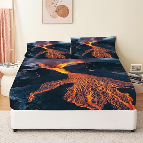 Spannbettlaken 160 x 200 cm Natur Island Vulkan Muster Spannbetttuch Weiche Polyester-Mikrofaser Boxspringbett Bettlaken geeignet für Matratzen von 30 cm Schwarz Orange von Generisch