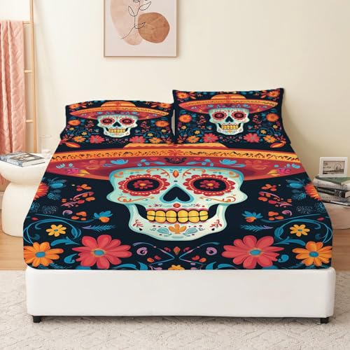 Spannbettlaken 180 x 200 cm Einfacher Tag Der Toten Totenkopf Muster Spannbetttuch Weiche Polyester-Mikrofaser Boxspringbett Bettlaken geeignet für Matratzen von 30 cm Bunt von Generisch
