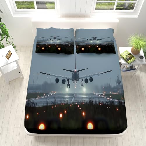 Spannbettlaken 180x200cm Spannbetttücher Flugzeug Landung Landebahn des Flughafens Weiches Atmungsaktiver Bettlaken Schwarz Spannbettlaken für Boxspringbetten und Topper Matratzenschoner von Generisch