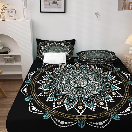 Spannbettlaken 90x200cm Mandala - Topper Spannbetttuch Ethnische Boho Muster - Weiche Mikrofaser Boxspringbett Spannbetttücher Geeignet für Matratzen von 30 cm mit 1 Kissenbezug 80x80 cm &-8T-230 von Generisch