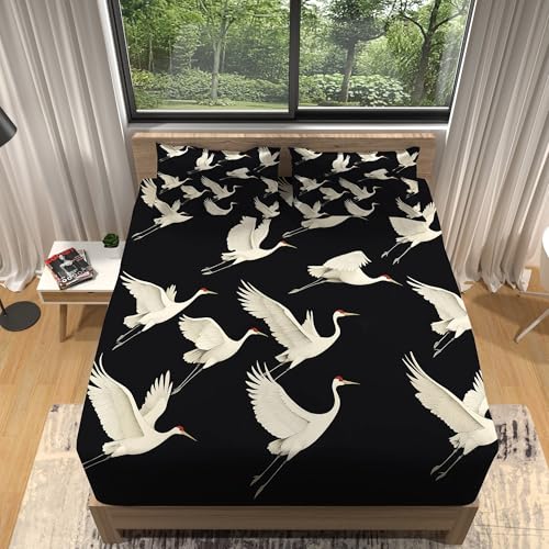 Spannbettlaken Bedruckt Matratzenbezug 140 x 200 cm, GroßEr Vogel Im Japanischen Stil Spannbettlaken Bedruckt Weiche aus Mikrofaser Schwarz Weiß Spannbettlaken Bedruckt Bettwäsche von Generisch