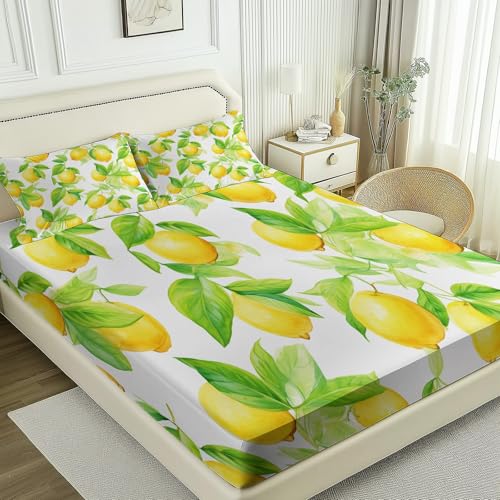 Spannbettlaken Bedrucktes Aquarell Obst Zitrone Weiche Bequem Mikrofaser Gelb Grün Spannbetttuch, für Einzelbett Doppelbett Boxspringbett, mit Tiefe Tasche 140 x 200 cm von Generisch