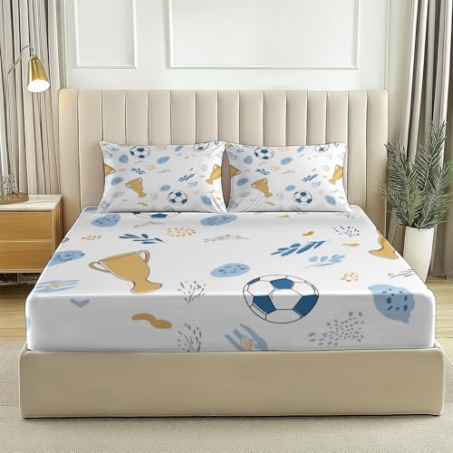 Spannbettlaken Bedrucktes Minimalismus Fußball Trophäe Weiche Bequem Mikrofaser Blau Gold Spannbetttuch, für Einzelbett Doppelbett Boxspringbett, mit Tiefe Tasche 180 x 200 cm von Generisch