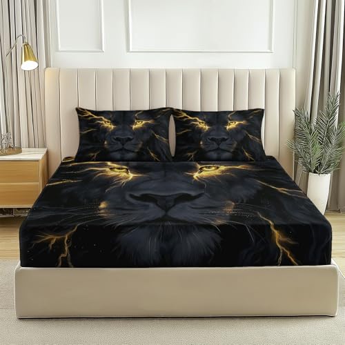 Spannbettlaken Bedrucktes Surrealismus Tiere Löwe Weiche Bequem Mikrofaser Schwarz Gelb Spannbetttuch, für Einzelbett Doppelbett Boxspringbett, mit Tiefe Tasche 180 x 200 cm von Generisch