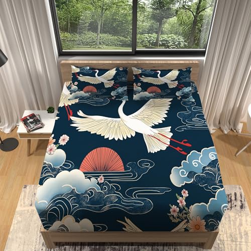 Spannbettlaken Wolken Und Vögel Im Orientalischen Stil Bedrucktes, Dunkelblau Mikrofaser Spannbetttuch für 30cm Matratze, 140 x 200 cm Spannbetttücher Atmungsaktiv Mit 2 Kissenbezügen von Generisch