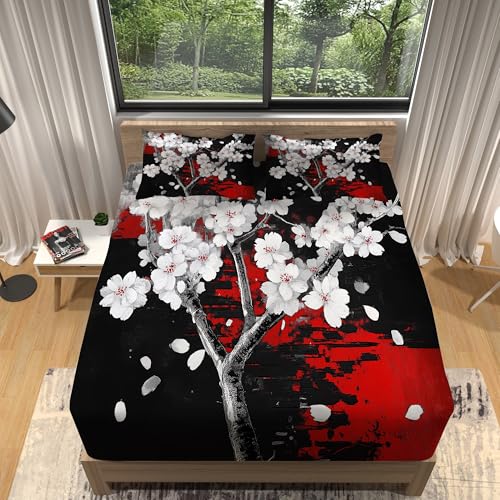 Spannbetttuch 200 x 200 cm, Kirschblüten Malen Muster Spannbetttuch aus Polyesterfasern rutschfeste Ultra weich für Boxspringbett, Matratze bis 30 cm höhe Schwarz Rot von Generisch