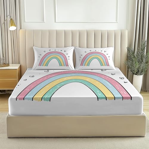 Spannbetttuch Druck Niedlich Regenbogen Linien, Spannbetttuch Boxspringbett Weiche Bequem Spannbettlaken Matratzenschoner Bettw Sche, Steghöhe bis 30cm (180x200 cm, Weiß) von Generisch