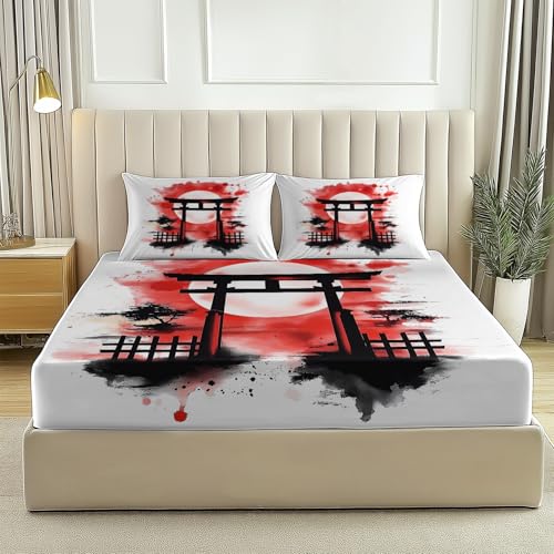 Spannbetttuch Druck Tuschemalerei Torii-Tor Vollmond, Spannbetttuch Boxspringbett Weiche Bequem Spannbettlaken Matratzenschoner Bettw Sche, Steghöhe bis 30cm (90x200 cm, Weiß) von Generisch