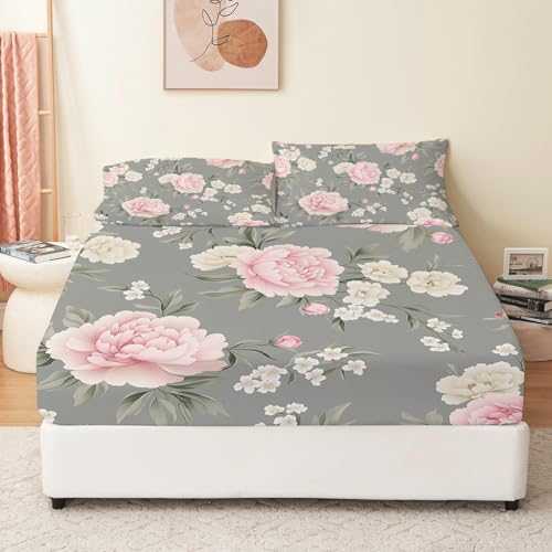 Spannbetttuch Elegante Pfingstrosenblüten Muster, 140 x 200 cm Spannbettlaken aus Mikrofaser für Hohe Matratze bis 30 cm, Grau Sommer Spannbettlaken Matratzenschoner Spannbetttuch Elegante Pfingstrosenblüten Muster, 140 x 200 cm Spannbettlaken aus Mikrofaser für Hohe Matratze bis 30 cm, Grau Sommer Spannbettlaken Matratzenschoner von Generisch