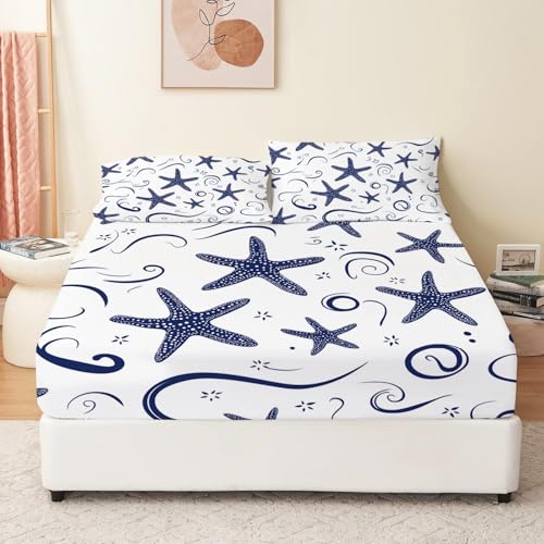 Spannbetttücher White 7 Muster, 140 x 200 cm Spannbettlaken Tiefe Taschen für Männer Mädchen und Frauen, Einfach Seesternlinien Boxspringbetten MatratzenüBerzug von Generisch
