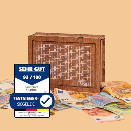 Spardose 1000€ • SparBox: Das Original (6 Größen) • Wiederverwendbar • mit Zahlen zum ankreuzen • Geschenk für Kinder & Erwachsene • FERTIG MONTIERT von SavinX
