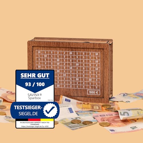 Spardose 500€ • SparBox: Das Original (6 Größen) • Wiederverwendbar • mit Zahlen zum ankreuzen • Geschenk für Kinder & Erwachsene • FERTIG MONTIERT von SavinX