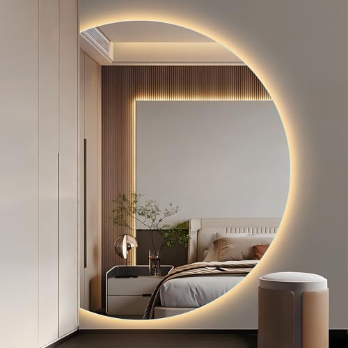 Spiegel Halbrund, Großer Wandspiegel Halbrunder mit Beleuchtung, Asymmetrisch Rund LED Badezimmerspiegel, 3 Farben Wechselnde, Antibeschlag für Badezimmer, Schlafzi, Flur (70 * 100cm) von Generisch