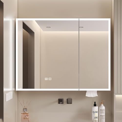 Spiegelschrank bad mit Entnebelung beleuchtung badezimmerschrank hängend mit HD spiegel Badezimmer-Wandspeicher spiegelschrank mit LED Leuchten Aluminium spiegelschrank bad Papierloch Berührungsschalt von Generisch