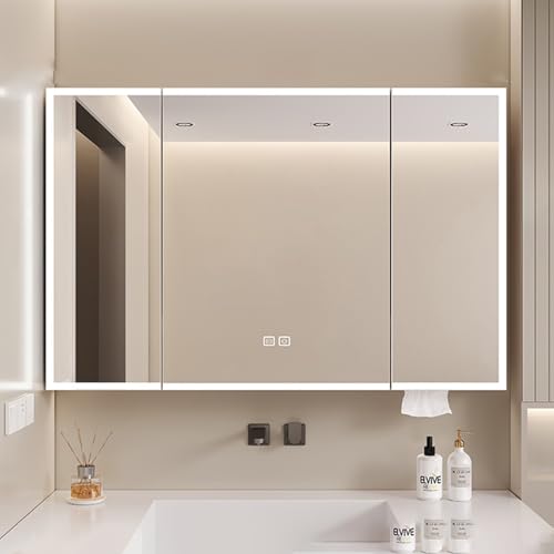 Spiegelschrank bad mit Entnebelung beleuchtung badezimmerschrank hängend mit HD spiegel Badezimmer-Wandspeicher spiegelschrank mit LED Leuchten Aluminium spiegelschrank bad Papierloch Berührungsschalt von Generisch