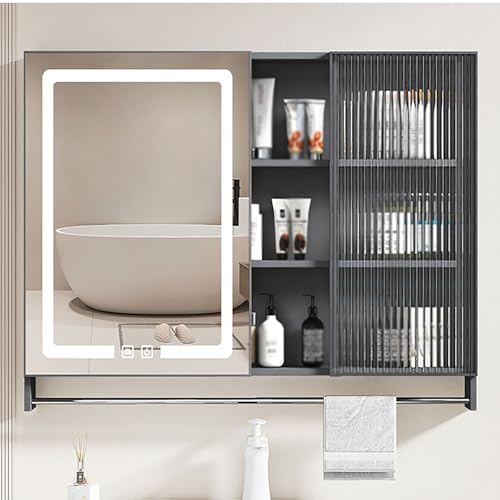 Spiegelschrank zur Wandmontage mit LED-Leuchten und Anti-Beschlag-Funktion, platzsparende Aufbewahrungslösung mit Ablage und Handtuchhalter Spiegelschrank zur Wandmontage mit LED-Leuchten und Anti-Beschlag-Funktion, platzsparende Aufbewahrungslösung mit Ablage und Handtuchhalter von Generisch