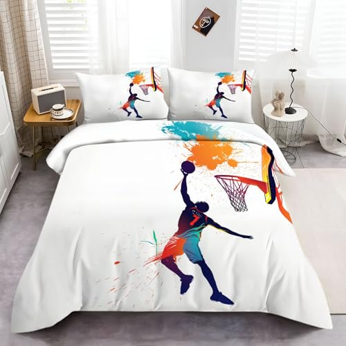 Sport Basketball Graffiti Pattern Bettwäsche Set 135 x 200 cm, Weiß und farbig Bettwäsche Set, für Jungen Mädchen Erwachsene, Microfaser Qualität Bettbezug mit Reißverschluss mit 2 Kissenbezug von Generisch