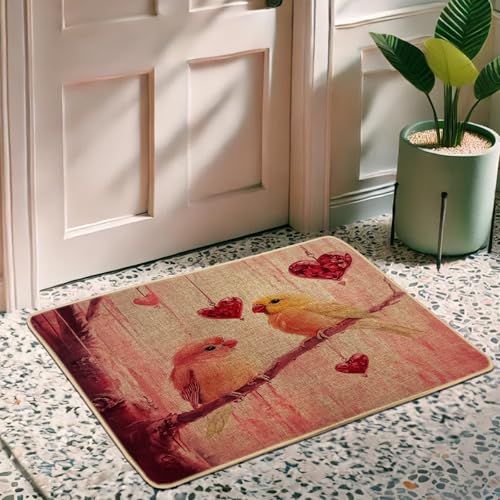 Spring Love Birds Fußmatte, gelbe Kanarienvögel, Fußmatte für Innen- und Außenbereich, Herzdekoration, Gummi, wasserdicht, rutschfest, staubabsorbierend, leicht zu reinigen, 73 x 43 cm von Generisch