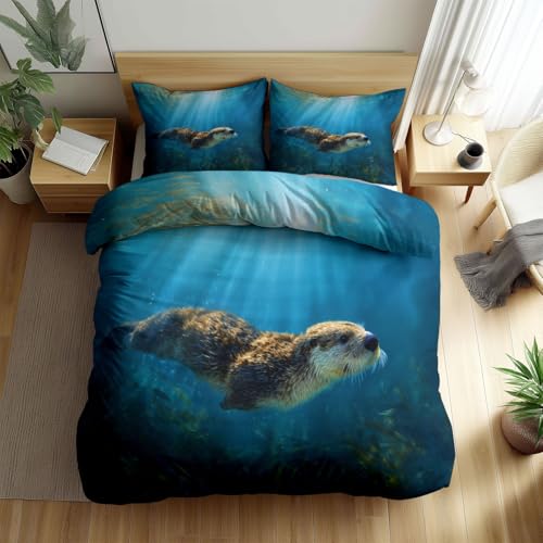 Stahlblau Bettwäsche-Set 135 x 200 cm Unterwassertiere Otter Sonnenschein Bettbezug, Wendebettwäsche und Kissenbezug, Weiche Angenehme Allergiker Mikrofaser Bettwäsche-Sets mit Reißverschluss von Generisch
