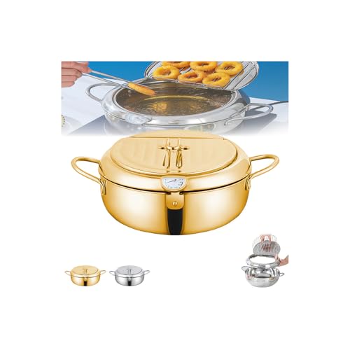 Stainless Steel Frying Pot With Thermometer and Oil Drip Drainer Rack, 304 Stainless Steel Japanese Deep Fryer Pot with Lid, Small Deep Fryer Pots, for Kitchen, Easy Clean (Gold,3.4L/24CM) von Generisch