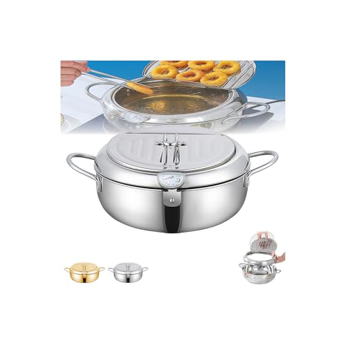 Stainless Steel Frying Pot With Thermometer and Oil Drip Drainer Rack, 304 Stainless Steel Japanese Deep Fryer Pot with Lid, Small Deep Fryer Pots, for Kitchen, Easy Clean (Silver,3.4L/24CM) von Generisch