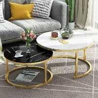 Stapelbarer Couchtisch mit rundem Metallrahmen, 2er-Set, Marmor-Effekt, Glas, Nisttische für Zuhause, Büro, Wohnzimmer oder Lounge von Generisch