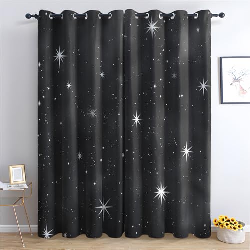Sternenhimmel Vorhang, Wohnzimmer Schlafzimmer Blickdichte Vorhänge, Schwarz Stern Gardinen, mit Ösen Verdunkelungsvorhang, Vorhänge 2er Set, 150x166 cm kvl&X-29 von Generisch