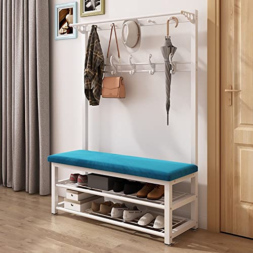 Stilvolle, freistehende Garderobenleiste aus Metall mit Ablagen & abnehmbaren Haken für Eingangsbereich, Flur und Schuhaufbewahrung – Funktionelle Sitzbank, 100 x 33 x 172 cm, Weiß von Generisch