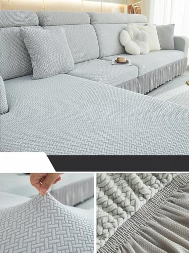 Stilvolle, hellgraue Stretch-Sofabezüge mit Rüschenrock, hochelastisch, waschbar, Schonbezüge für 5-Sitzer, Couch, langlebiger Möbelschutz für Wohnzimmer von Generisch