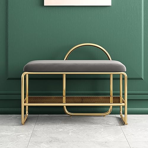 Stilvolle 2-stöckige Schuhbank mit Samtsitz, stabiles goldfarbenes Metall-Schuhregal für Eingangsbereich, Wohnzimmer und Flur, Aufbewahrung – Grau (60 x 32 x 60 cm) von Generisch