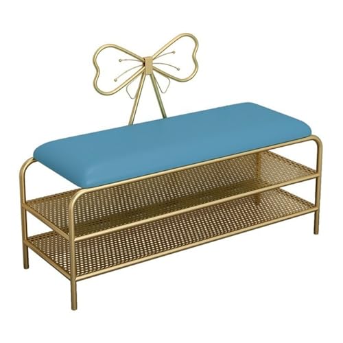 Stilvolle 2-stöckige Schuhbank mit goldfarbenem Metallrahmen, gepolstertem Sitz und Bogenlehne, Schuhregal für Eingangsbereich und Flur – Blau (120 x 35 x 45 cm) von Generisch