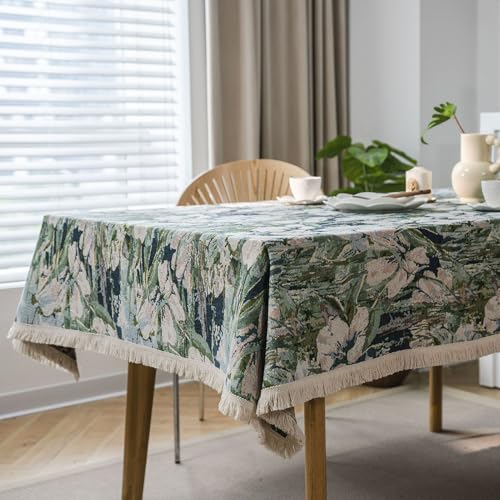 Stilvolle Fransen-Tischdecke, 140 x 260 cm dickes Polyester-Baumwoll-Mischgewebe, elegantes grünes Lotus- und Pflaumenblüten-Design, perfekt für Esszimmer und Heimdekoration von Generisch