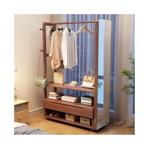 Stilvolle Garderobenleiste aus Massivholz mit Spiegel – bodenstehende Kleidung für Eingangsbereich, Schlafzimmer & Flur – große Walnussholz-Optik von Generisch