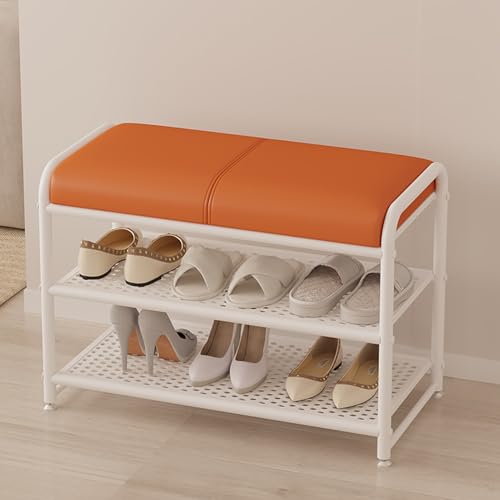 Stilvolle Schuhbank mit PU-Lederkissen, gepolsterter Eingangsbereich für Flur, modernes Design in Orange und Weiß (50 x 32,5 x 48 cm) von Generisch